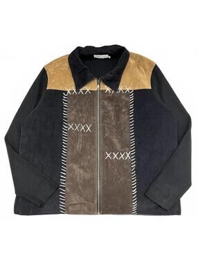 Vintage Claire France Brown Faux Suede Grunge Patchwork Zip Up Sweater Sz 3X